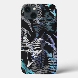 Modern Elegant Dark Blue Fern Leaves iPhone 13 Case