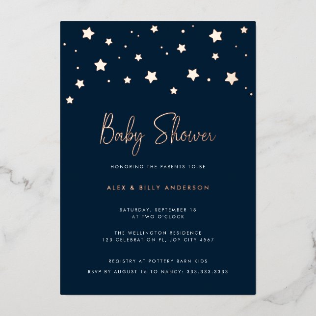 Modern Elegant Dark Blue Stars Parents Baby Shower (Front)