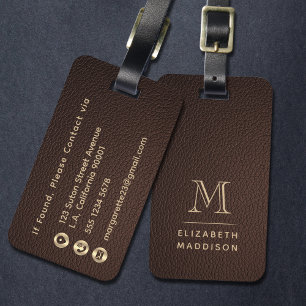 Modern Elegant Dark Brown Leather Gold Monogram Luggage Tag