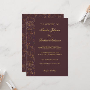 Modern Elegant Dark Burgundy Gold Floral Wedding  Invitation