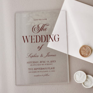 Modern Elegant Dark Burgundy Wedding Acrylic Invitations