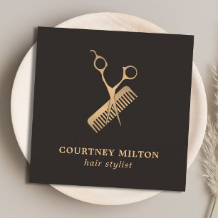 Modern Elegant Dark Faux Gold Scissor Comb Square Business Card