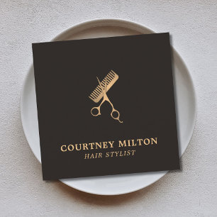 Modern Elegant Dark Faux Gold Scissors Comb  Square Business Card