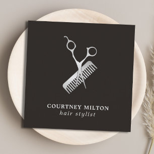 Modern Elegant Dark Faux Silver Scissor Comb Square Business Card