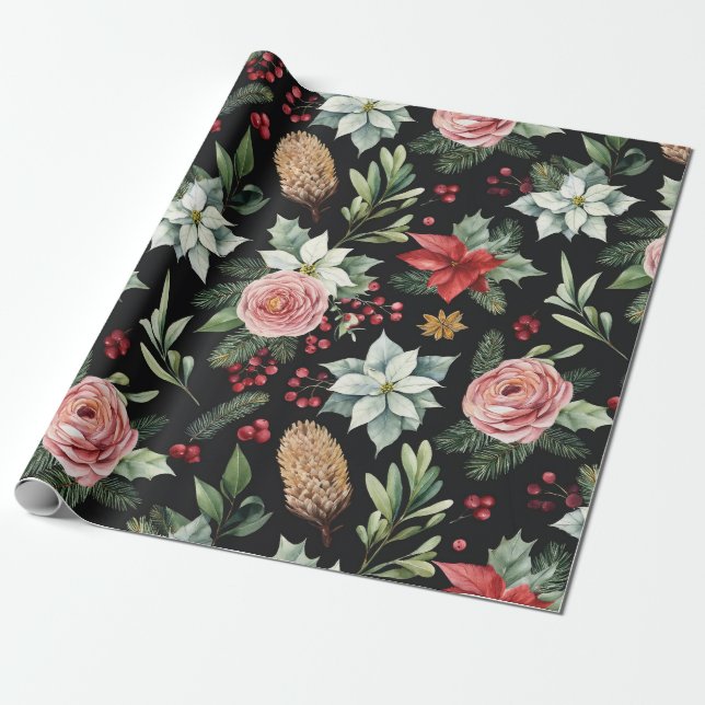 Modern Elegant Dark Floral Christmas Wrapping Paper (Unrolled)