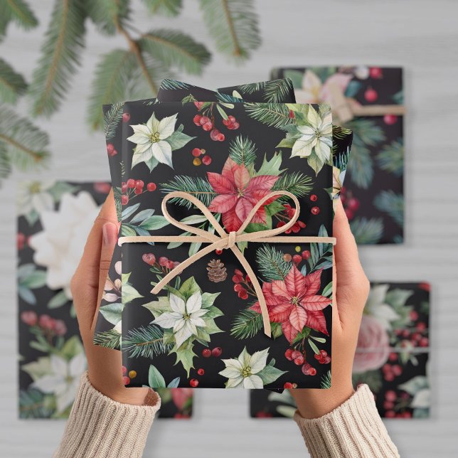 Modern Elegant Dark Floral Christmas Wrapping Paper Sheet (Creator Uploaded)