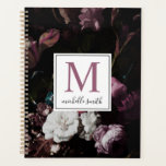 Modern Elegant Dark Floral Monogram Script Planner<br><div class="desc">Elegant Dark Floral Monogram Script Name Planner Notebook. Personalize your planner with a custom monogram name initial and dark flowers background. Features classic serif font monogram and calligraphy handwritten typography.</div>