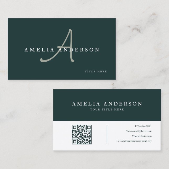 Modern Elegant Dark Green Initial QR Code  Business Card (Front/Back)