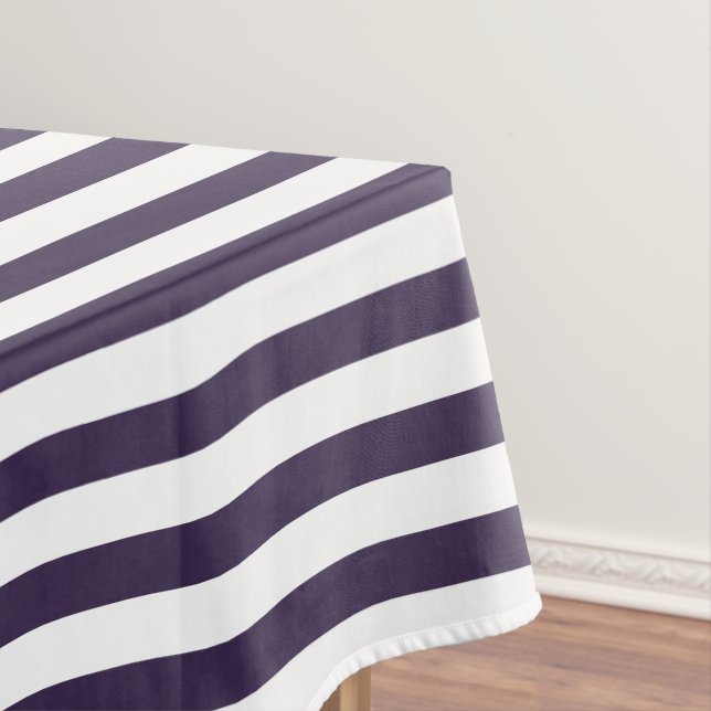 Modern Elegant Dark Purple White Stripes Pattern Tablecloth (In Situ)