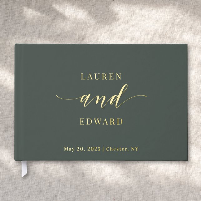 Modern Elegant Dark Sage and Gold Wedding Guest Book (Creator Uploaded)