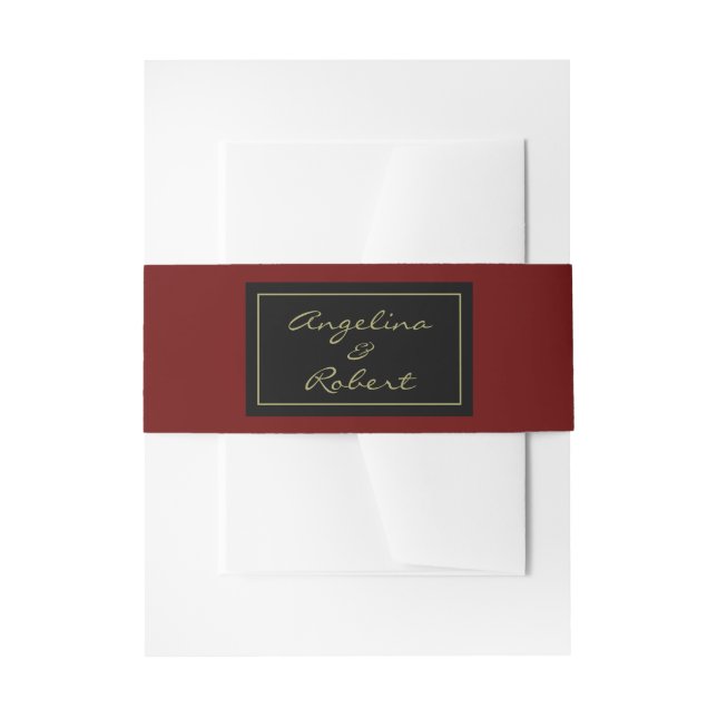 Modern Elegant Deep Red Gold Script Wedding Invitation Belly Band (Front Example)