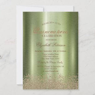 Modern Elegant Diamonds Green Metallic Quinceañera Invitation