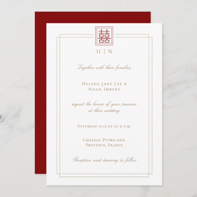 Modern Elegant Double Happiness Chinese Wedding Invitation (Front/Back)