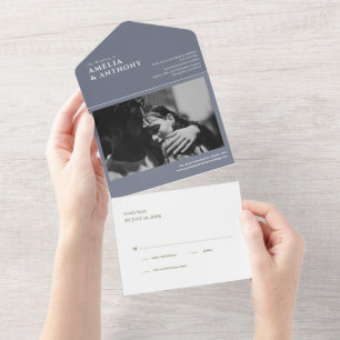 Modern Elegant Dusty Blue 1 Photo RSVP Wedding All In One Invitation