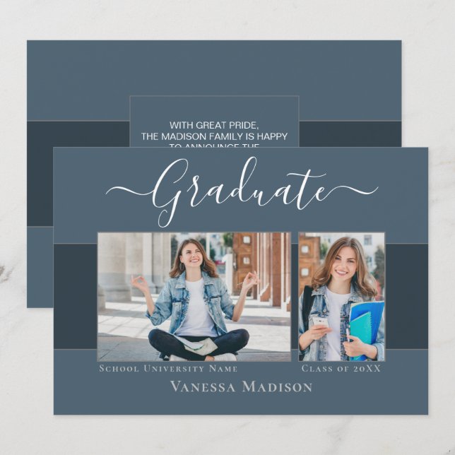 Modern | Elegant Dusty Blue 2 Photo Graduation Announcement (Front/Back)