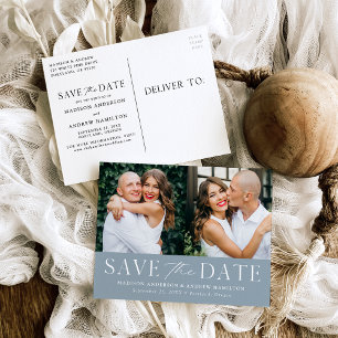 Modern Elegant Dusty Blue 2 Photo Save the Date Announcement Postcard