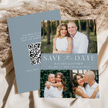 Modern Elegant Dusty Blue 3 Photo QR Code Save The Date<br><div class="desc">Elegant, multi-photo save the date featuring "Save the Date" displayed in white lettering with a dusty blue background. Personalise the modern QR save the date card with 3 of your favourite photos, your names, wedding date, and wedding location. The dusty blue save the date reverses to display your custom QR...</div>