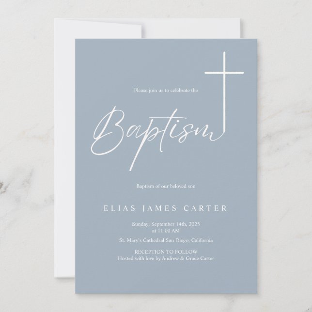Modern Elegant Dusty Blue Baby Boy Baptism  Invitation (Front)