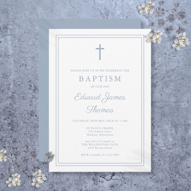 Modern Elegant Dusty Blue Border Baptism Invitation (Modern Elegant Dusty Blue Border Baptism Invitation)