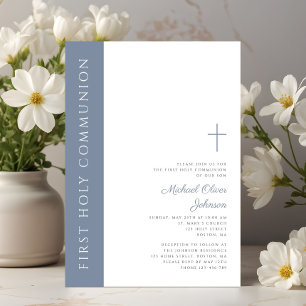 Modern Elegant Dusty Blue Cross First Communion Invitation