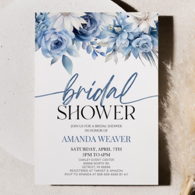 Modern Elegant Dusty Blue Floral Bridal Shower Invitation (Creator Uploaded)