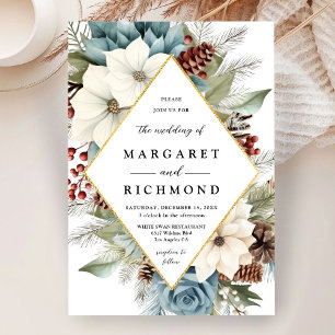Modern Elegant Dusty Blue Floral Christmas Winter Invitation