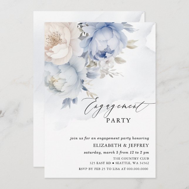 Modern Elegant Dusty Blue Floral Engagement Party Invitation (Front/Back)