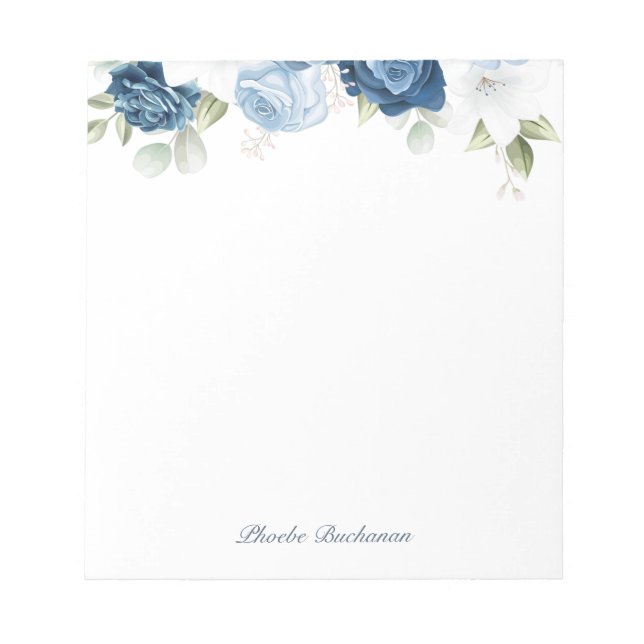 Modern Elegant Dusty Blue Floral Personalised Notepad (Front)