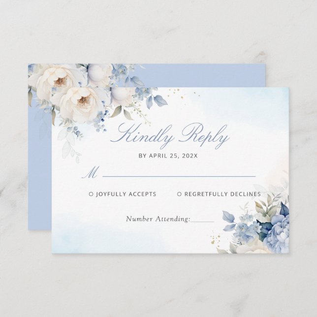 Modern Elegant Dusty Blue Floral Wedding RSVP Card (Front/Back)