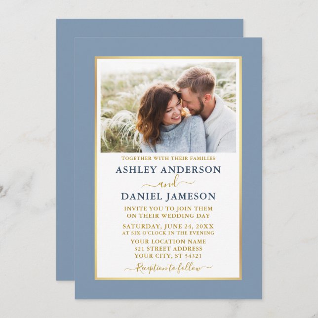Modern Elegant Dusty Blue Gold Wedding Invitation (Front/Back)