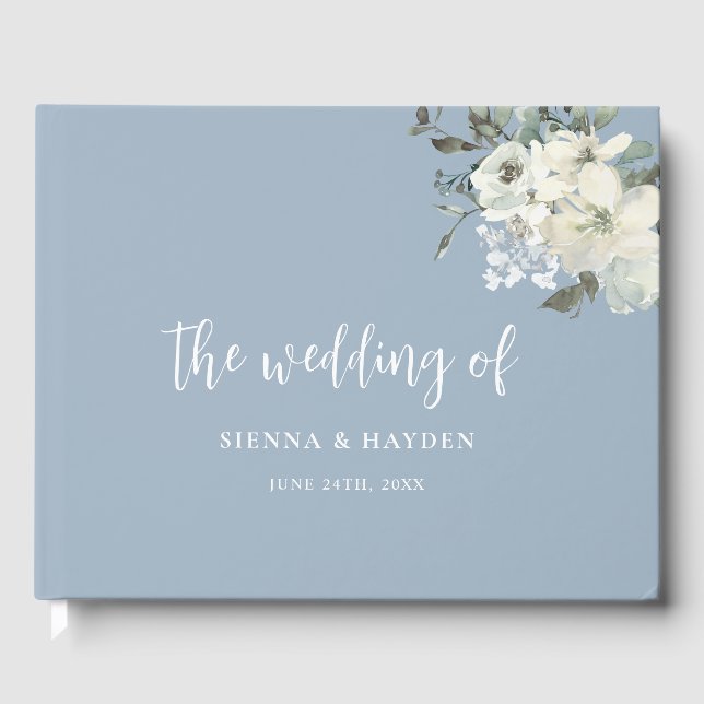 Modern Elegant Dusty Blue Ivory Floral Wedding Guest Book (Front)