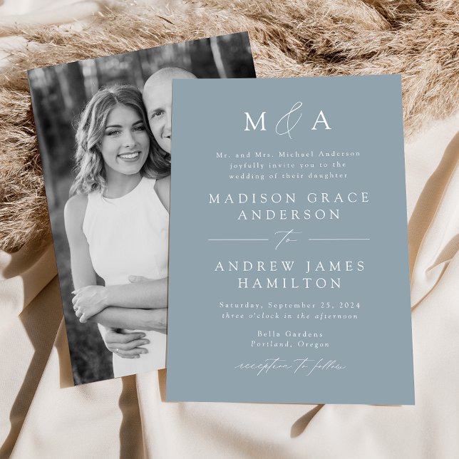 Modern Elegant Dusty Blue Monogram Photo Wedding Invitation (Creator Uploaded)