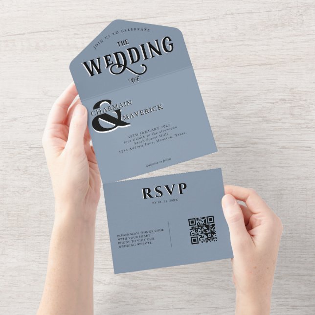 Modern Elegant Dusty Blue QR Code Wedding All In One Invitation (Tearaway)