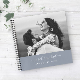 Modern Elegant Dusty Blue Script Photo Wedding Notebook