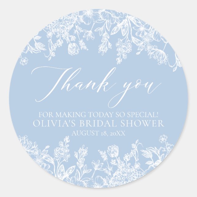 Modern Elegant Dusty Blue Wildflower Bridal Shower Classic Round Sticker (Front)