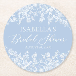 Modern Elegant Dusty Blue Wildflower Bridal Shower Round Paper Coaster