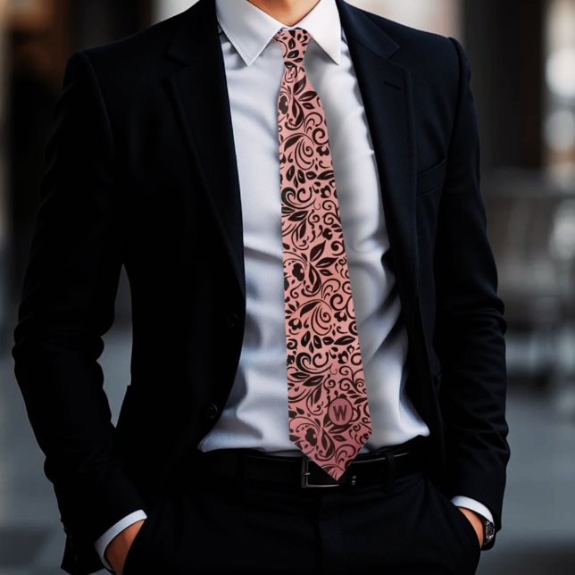 Modern Elegant Dusty Pink Floral Pattern Monogram Tie (Creator Uploaded)
