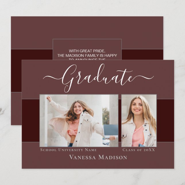 Modern | Elegant Dusty Rose 2 Photo Graduation Announcement (Front/Back)