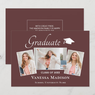 Modern Elegant Dusty Rose 3 Photo Graduation Announcement