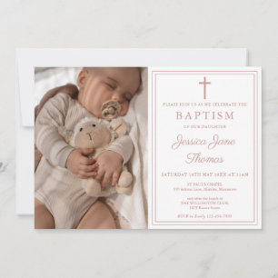 Modern Elegant Dusty Rose Pink Photo Baptism Invitation