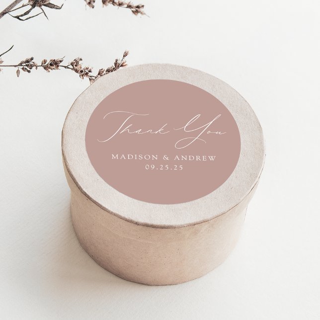 Modern Elegant Dusty Rose Wedding Thank You Classic Round Sticker (Creator Uploaded)