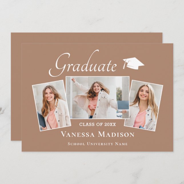 Modern | Elegant Earth Tone 3 Photo Graduation Announcement (Front/Back)