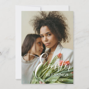 Modern Elegant Easter Blessings Script 3 Photo Holiday Card
