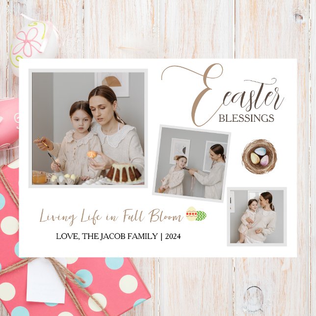 Modern Elegant Easter Blessings Script 3 Photo Holiday Card (Creator Uploaded)