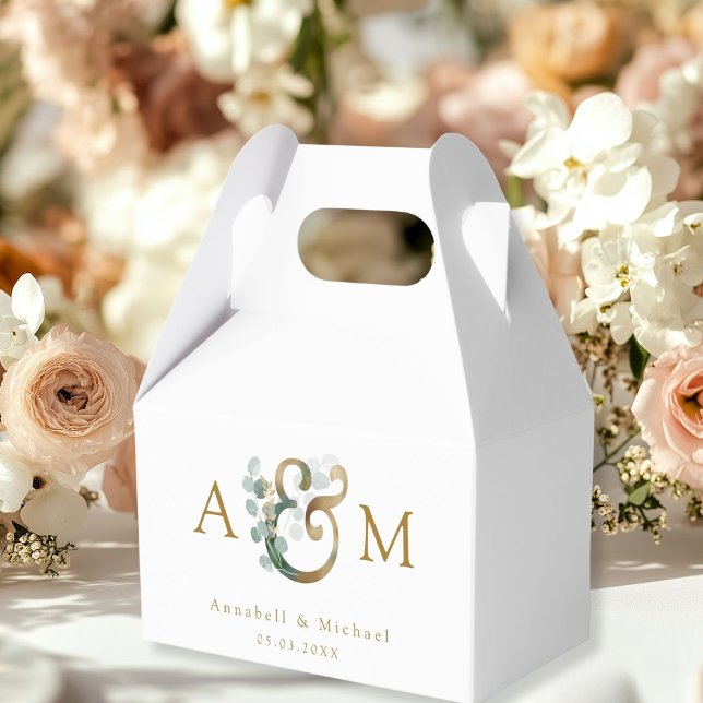 Modern Elegant Eucalyptus Ampersand Wedding  Favour Box (Eucalyptus Wedding Favor Box, Monogram, Ampersand, Botanical, white, beige-gold, minimal, modern.)