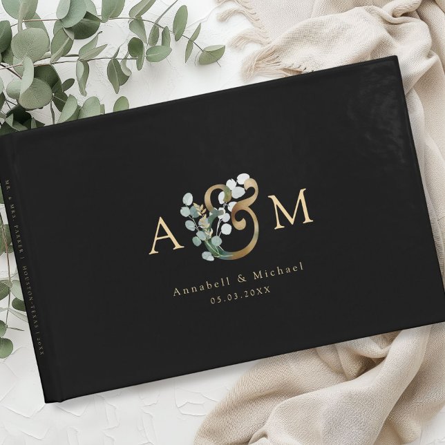 Modern Elegant Eucalyptus Ampersand Wedding Napkin Guest Book (Modern, elegant eucalyptus ampersand wedding guest book, personalized)