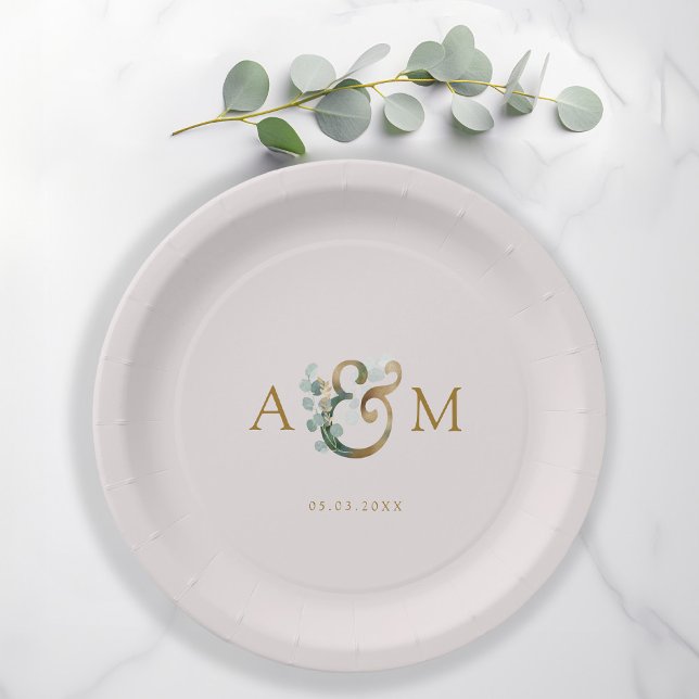 Modern, elegant eucalyptus ampersand wedding  paper plate (Creator Uploaded)