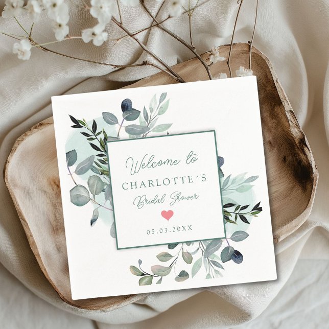 Modern, elegant eucalyptus bridal shower napkins (Modern, elegant eucalyptus bridal shower napkins with your name and date.)