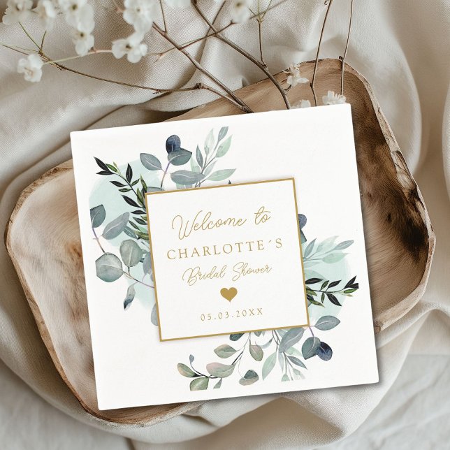 Modern, elegant eucalyptus bridal shower napkins (Modern, elegant eucalyptus bridal shower napkins with your name and date.)