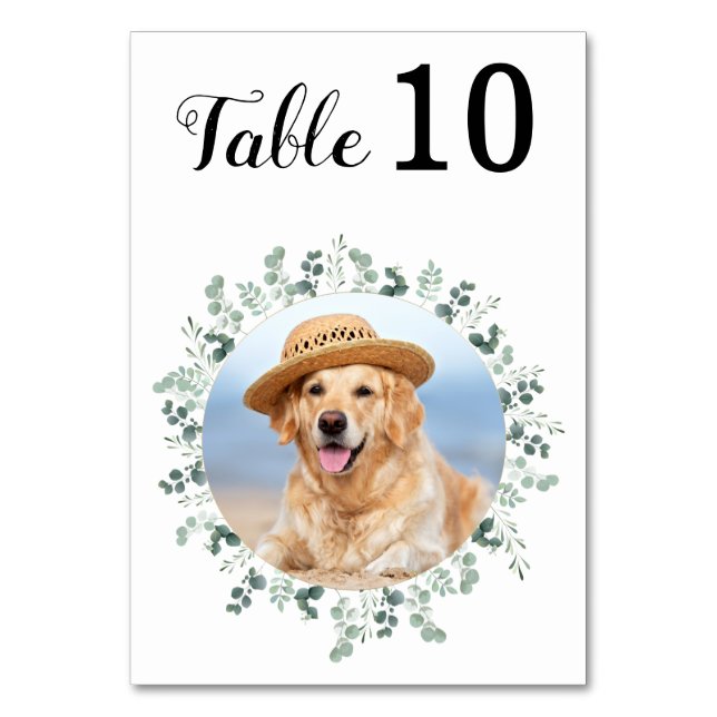 Modern Elegant Eucalyptus Custom Photo Wedding Table Number (Front)